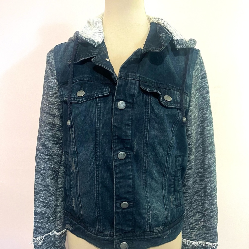 Free People Denim Jacket Hooded Black and Cream Knit Jacket Size Medium - Picture 1 of 16